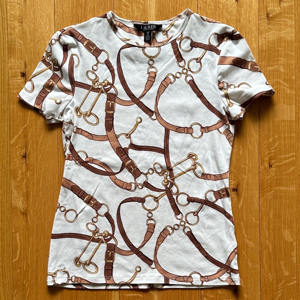 Ralph Lauren White and Brown Equestrian Print Tee